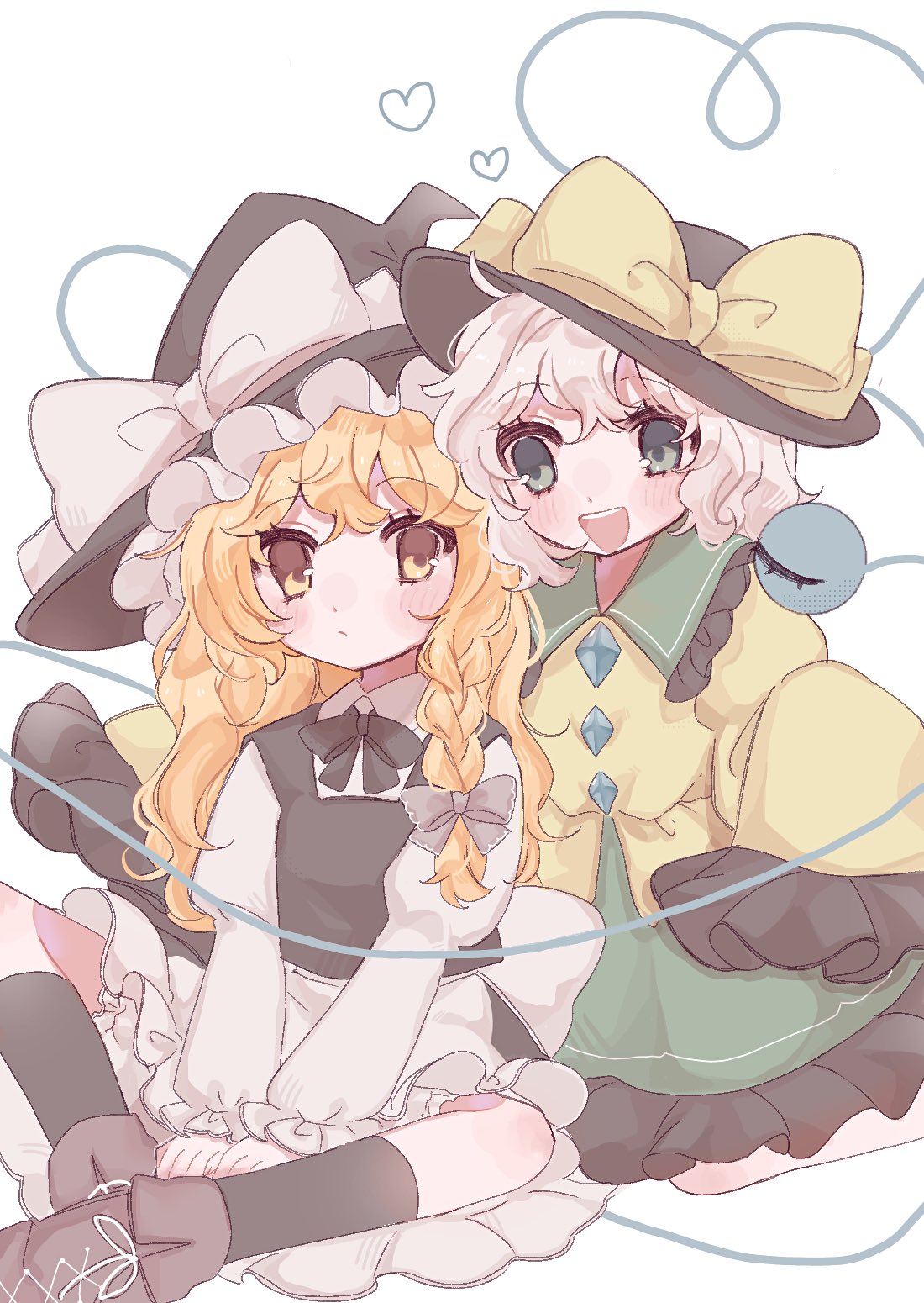 2girls, apron, arm_around_shoulder, back_bow, black_bow, black_bowtie, black_headwear, black_socks
