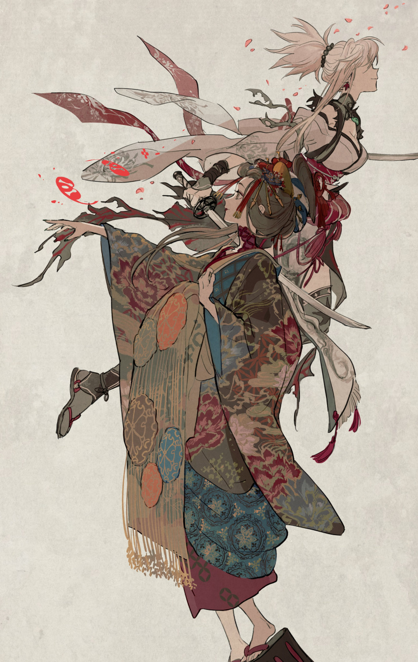 2girls, absurdres, asymmetrical_hair, bangs_pinned_back, clog_sandals, command_spell, dragon_print, dual_wielding, fate/samurai_remnant, fate_(series), floral_print, geta, hair_ornament, hair_stick, haori, highres, holding, japanese_clothes, jewelry, katana, kimono, layered_clothes, layered_kimono, leaf, long_sleeves, magatama, magatama_necklace, maple_leaf, mimulishizi, miyamoto_musashi_(fate), multiple_girls, necklace, obi, print_kimono, sash, single_sidelock, sword, takao_dayu_(fate), tassel, weapon, white_kimono