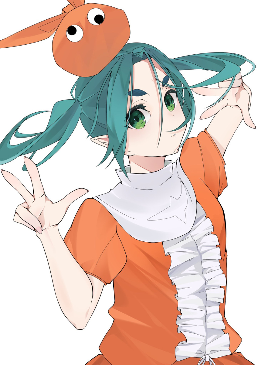 1girl, aqua_hair, arm_up, arril100, eyelashes, floating_hair, forehead, frilled_shirt