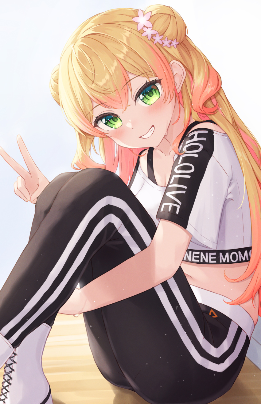 1girl, absurdres, black_pants, blush, character_name, copyright_name, crop_top, crop_top_overhang