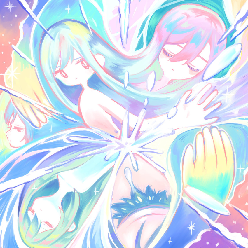 5girls, abstract, blue_hair, blush, closed_eyes, closed_mouth, commentary_request, denonbu