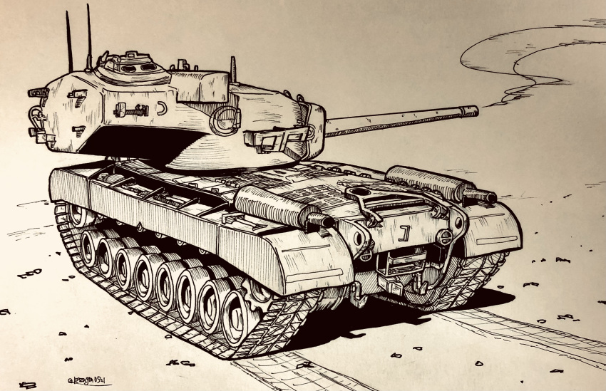 absurdres, caterpillar_tracks, commentary_request, datsan, greyscale, highres, marker_(medium), military_vehicle