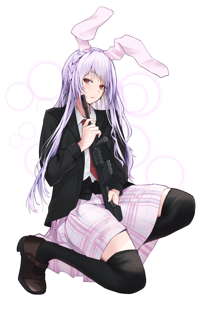 1girl, absurdres, animal_ears, assault_rifle, black_jacket, black_thighhighs, brown_footwear, collared_shirt