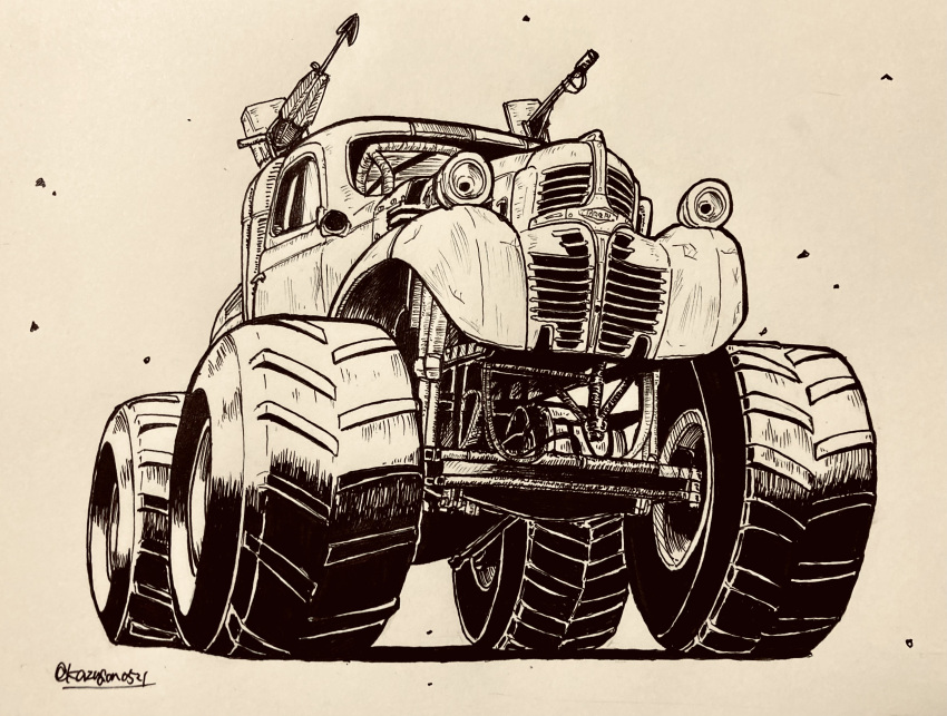 absurdres, bigfoot_(mad_max), commentary_request, datsan, dodge_fargo, harpoon, harpoon_gun, highres