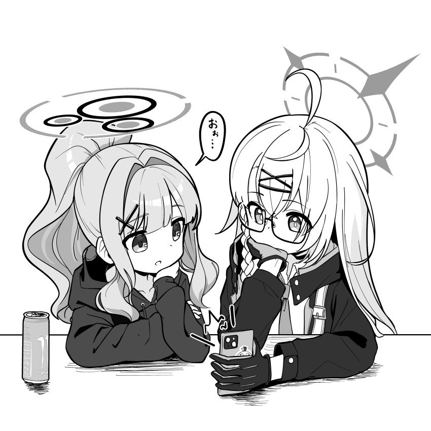 2girls, absurdres, ahoge, blue_archive, braid, calciumin, can, cellphone