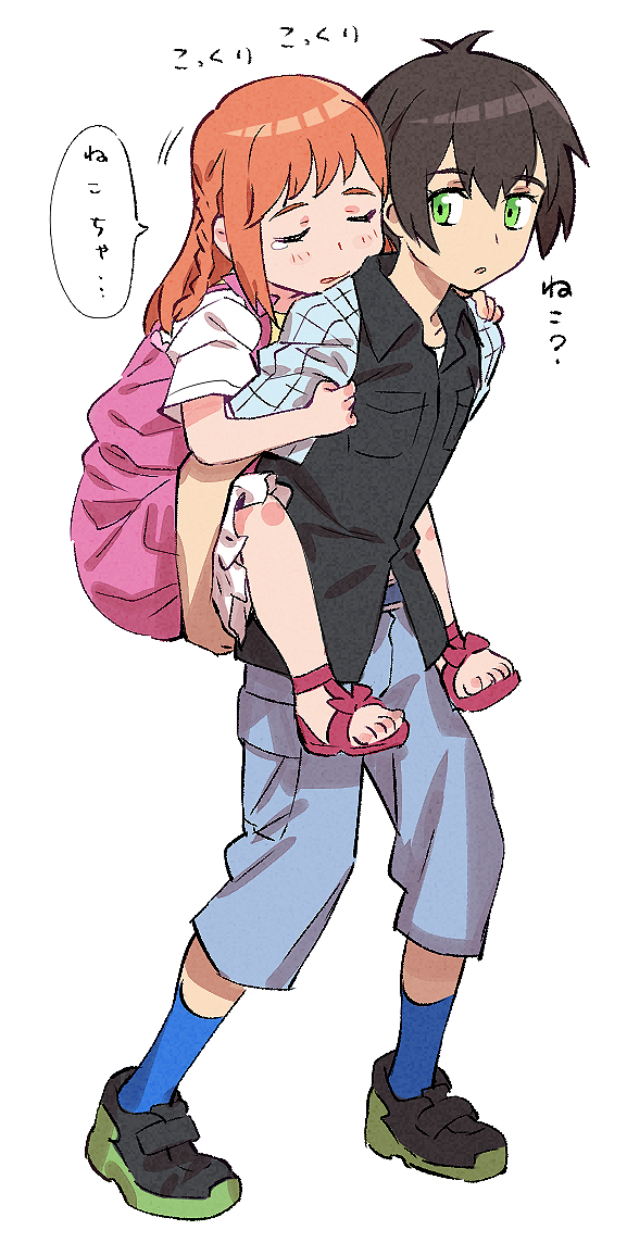 1boy, 1girl, aged_down, black_footwear, black_hair, black_vest, blue_pants, blue_shirt, blue_socks, blush, carrying, closed_eyes, commentary_request, dress, full_body, green_eyes, hand_on_another's_shoulder, hibino_matsuri, ibuki_touma, long_hair, looking_at_another, looking_back, murakami_hisashi, open_mouth, orange_hair, pants, piggyback, pink_dress, pink_footwear, pretty_(series), sandals, shirt, shoes, short_hair, simple_background, sleeping, socks, speech_bubble, standing, tears, translation_request, vest, waccha_primagi!, white_background, white_shirt