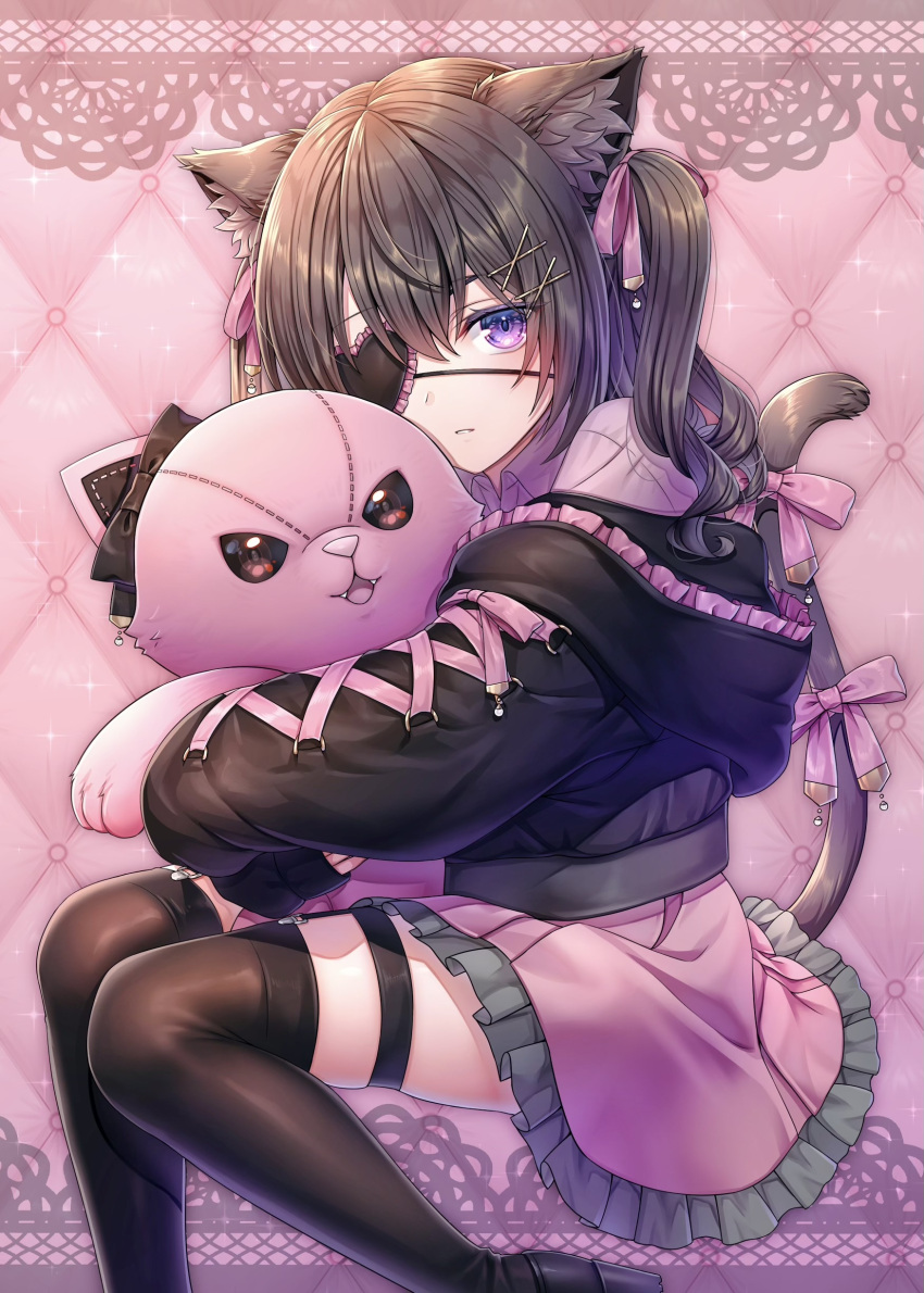 1girl, absurdres, animal_ear_fluff, animal_ears, black_jacket, black_thighhighs, brown_hair, cat_ears