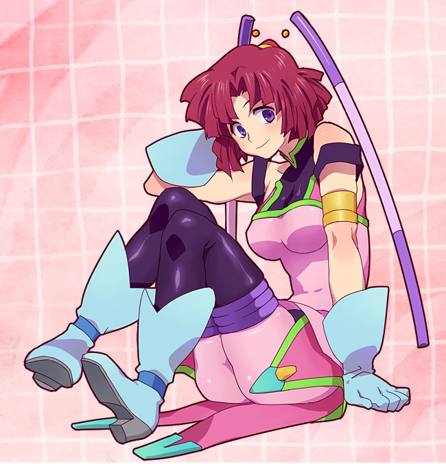 arm_support, armlet, boots, gloves, hair_ornament, hand_behind_head, purple_eyes, red_hair, redhead, rinon_toros, shiny, shiny_clothes, short_hair, sitting, taki_(nakochan), taki_(pixiv), thigh-highs, thighhighs, violet_eyes, zoids, zoids_shinseiki/zero