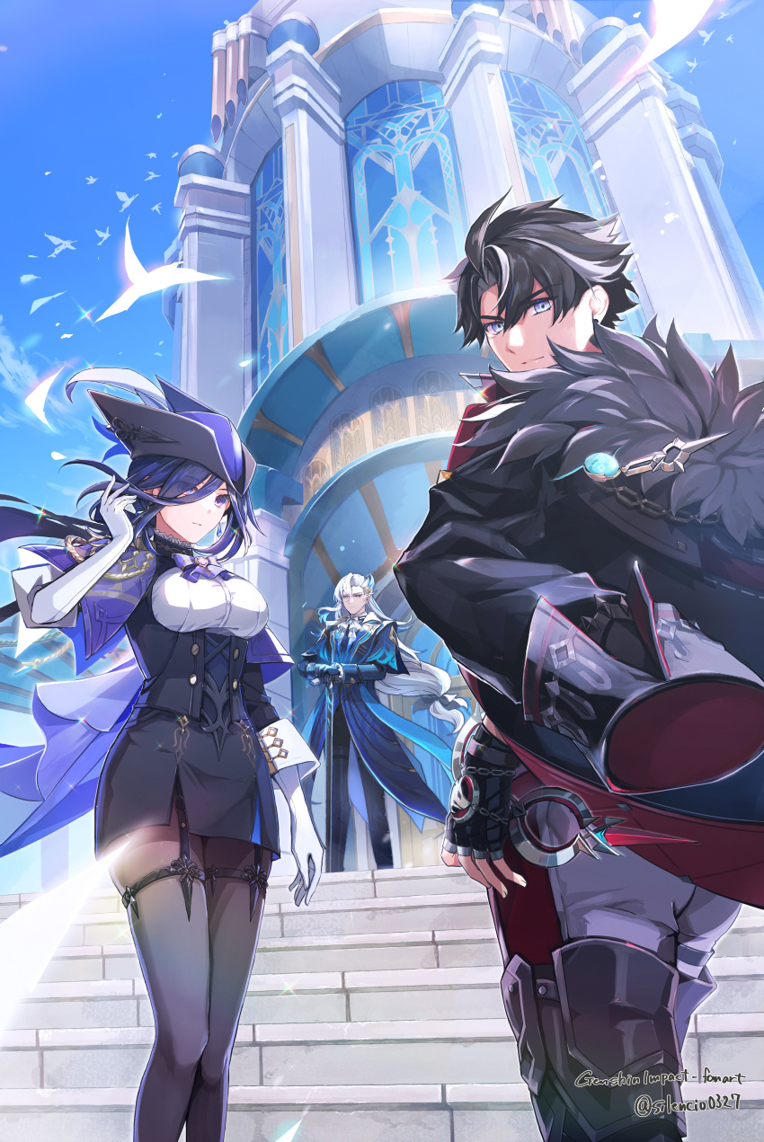 1girl, 2boys, absurdres, ascot, bird, black_corset, black_hair, blue_coat, blue_eyes, blue_hair, blue_headwear, blue_sky, breasts, cane, cape, clorinde_(genshin_impact), coat, coat_on_shoulders, corset, dangle_earrings, dark_blue_hair, earrings, epaulettes, fingerless_gloves, fold-over_gloves, fur-trimmed_coat, fur_trim, garter_straps, genshin_impact, gloves, grey_pants, hair_ears, hat, hat_feather, highres, holding, holding_cane, jewelry, lapels, large_breasts, long_hair, looking_at_viewer, low-tied_long_hair, low_ponytail, multicolored_hair, multiple_boys, neuvillette_(genshin_impact), outdoors, pants, pantyhose, peaked_lapels, purple_ascot, purple_cape, sasame_yuuki, shirt, sky, stairs, standing, streaked_hair, taut_clothes, taut_shirt, tricorne, violet_eyes, white_ascot, white_gloves, wriothesley_(genshin_impact)