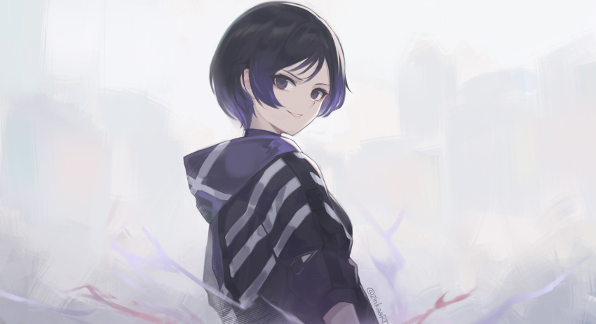 1girl, absurdres, black_hair, black_jacket, gradient_hair, highres, hood, hooded_jacket