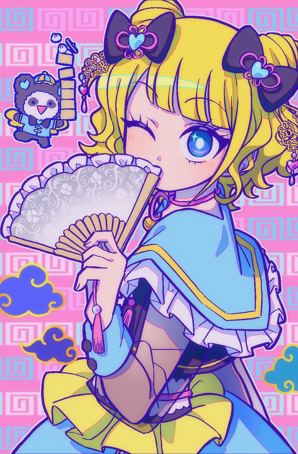 1girl, bamboo_steamer, baozi, black_bow, blonde_hair, blue_eyes, blue_shirt, blue_skirt