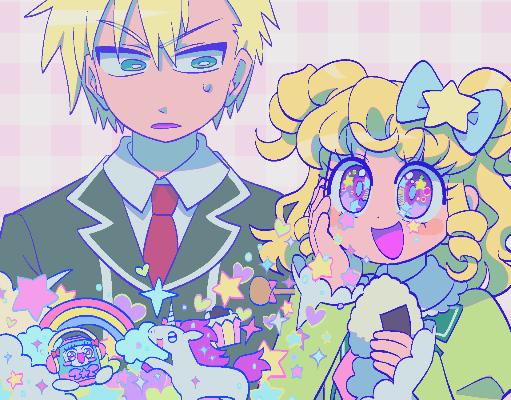 1boy, 1girl, :d, black_jacket, blonde_hair, blue_bow, blush, bow