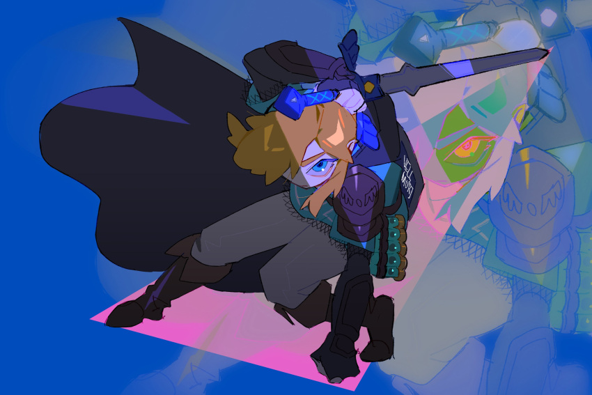 1boy, arm_up, black_cape, blonde_hair, blue_background, blue_eyes, boots, brown_footwear