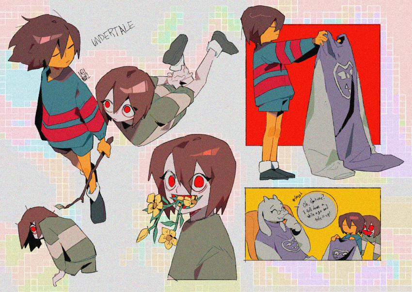 1girl, 2others, blue_sweater, branch, brown_hair, buttercup_(flower), chara_(undertale), colored_skin