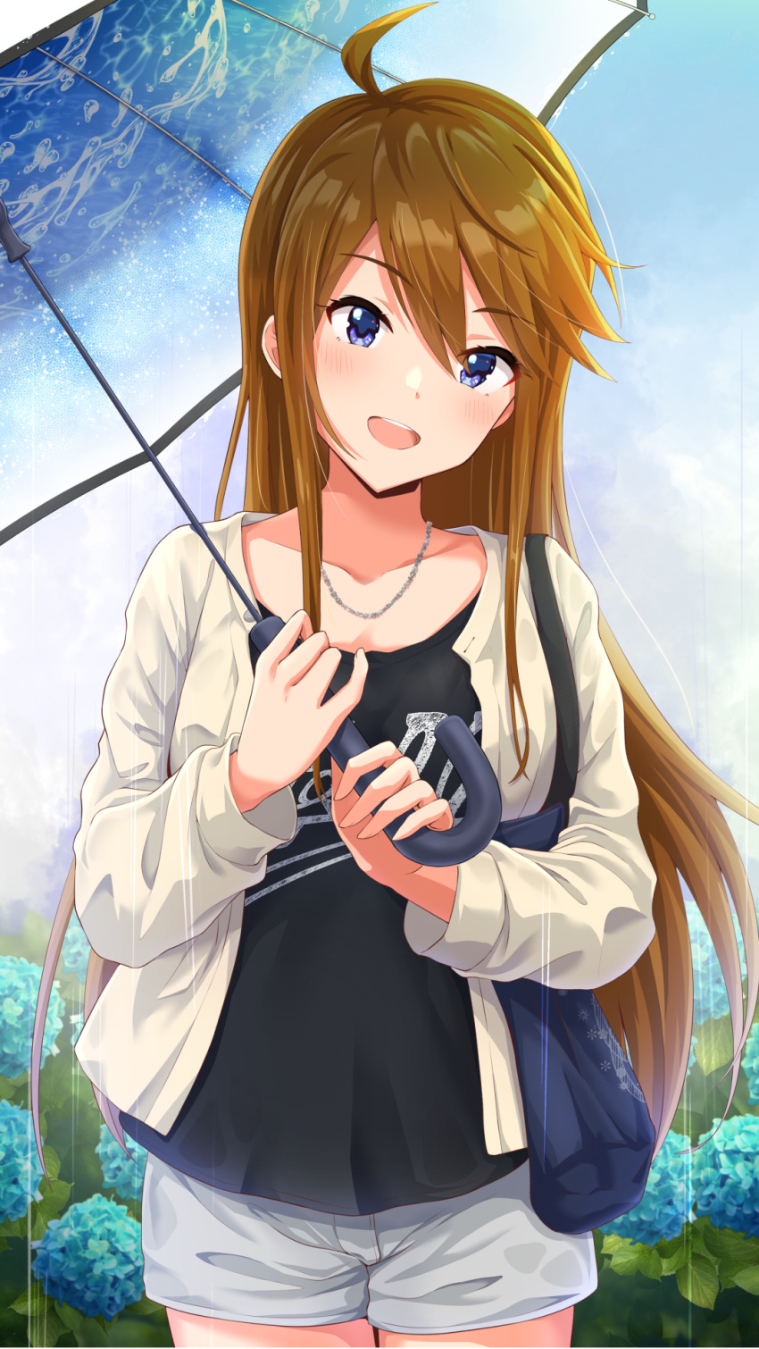 1girl, ahoge, bag, black_shirt, blue_eyes, blue_umbrella, blush, breasts