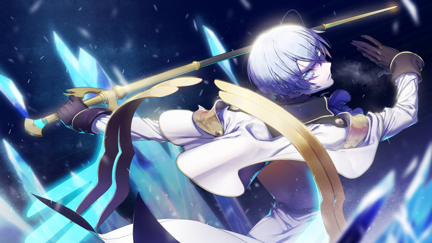 1boy, ahoge, aqua_eyes, black_gloves, cane, cape, collar, gloves, hair_between_eyes, highres, ice, jacket, londrekia_light, male_focus, short_hair, shoulder_pads, solo, tsuzaki_mayumi, under_night_in-birth, uniform, white_hair