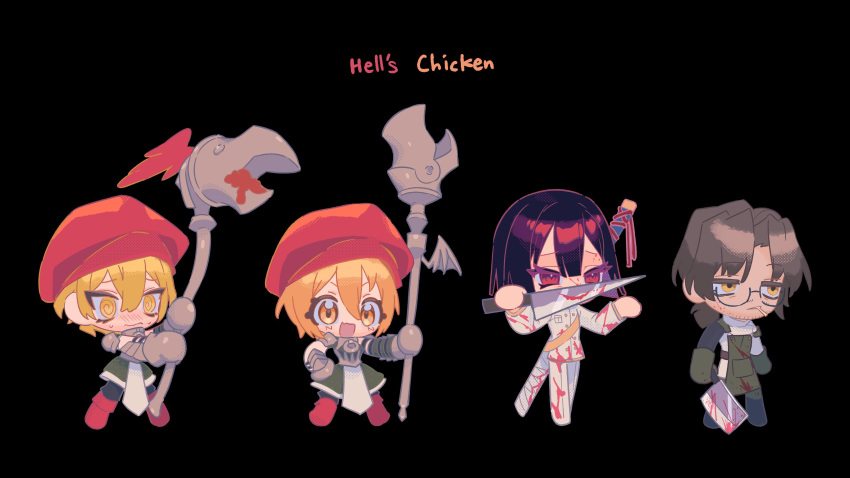 2boys, 2girls, absurdres, angellyuna, apron, black_background, black_hair, blonde_hair