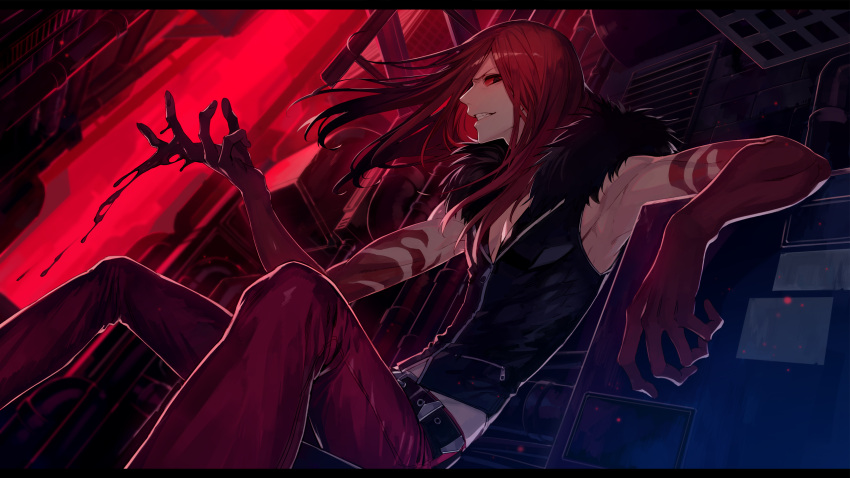 1boy, belt, blood, blood_on_hands, carmine_(under_night_in-birth), colored_sclera, fur_collar, grin, highres, long_hair, male_focus, pants, red_eyes, red_sclera, redhead, smile, solo, suzunashi, teeth, under_night_in-birth