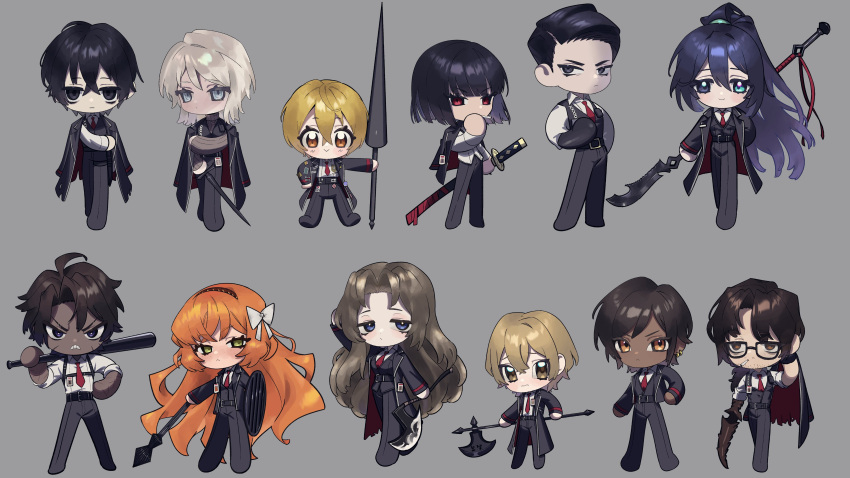 6+boys, 6+girls, absurdres, angellyuna, axe, baseball_bat, black_hair, blonde_hair