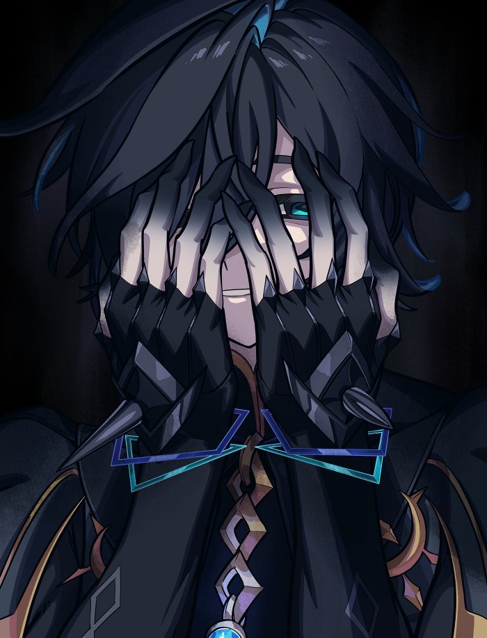 1boy, ainchase_ishmael, angellyuna, bigott_(elsword), black_gloves, black_hair, blue_gemstone, covering_face