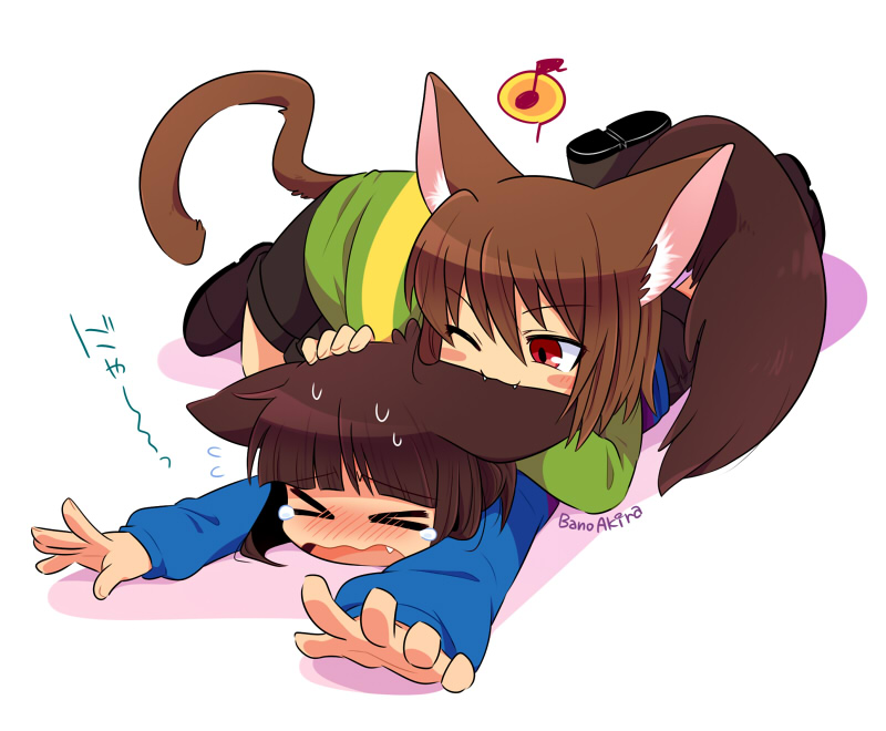 >_<, 2others, animal_ears, bano_akira, biting, black_footwear, blue_sweater, blush