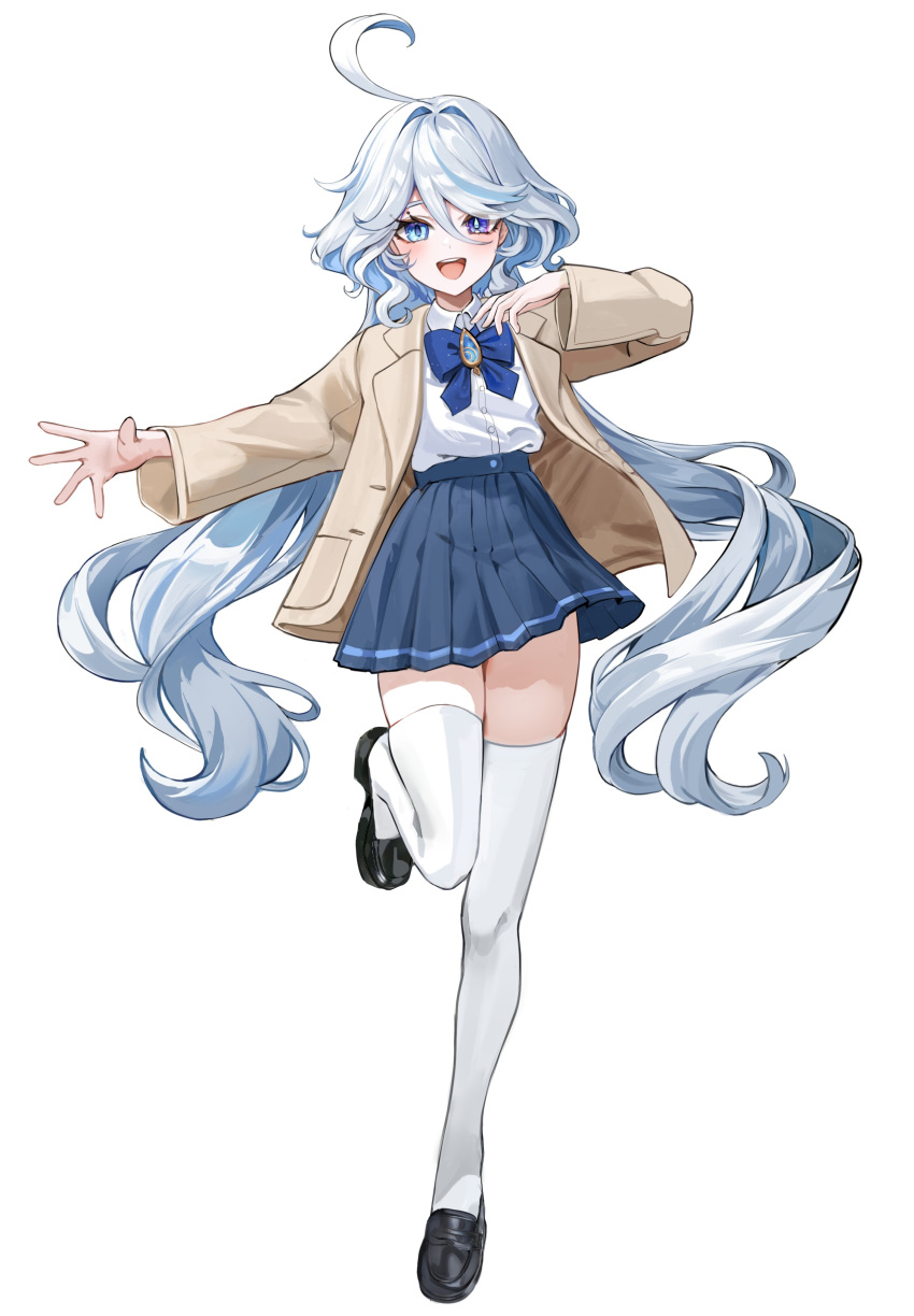 1girl, absurdres, ahoge, alternate_costume, blue_bow, blue_bowtie, blue_brooch, blue_eyes