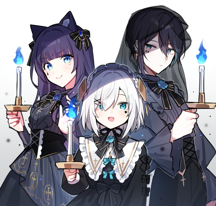 1girl, aiba_uiha, animal_ear_fluff, animal_ears, ars_almal, black_corset, black_dress, black_hair, black_pants, black_veil, blue_eyes, blue_fire, blue_hair, blues_(nijisanji), candle, cat_ears, corset, cross, cross_earrings, dress, earrings, facial_mark, fire, frilled_sleeves, frills, grey_dress, hair_ornament, heart, heart_facial_mark, highres, jewelry, long_sleeves, maid_headdress, mayuzumi_kai, multicolored_hair, nijisanji, pants, purple_hair, short_hair, streaked_hair, teardrop_facial_mark, veil, virtual_youtuber, waka_(wk4444), white_hair, x_hair_ornament