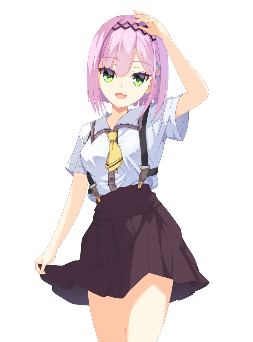 1girl, :d, absurdres, arm_at_side, arm_up, black_hairband, bob_cut, braid
