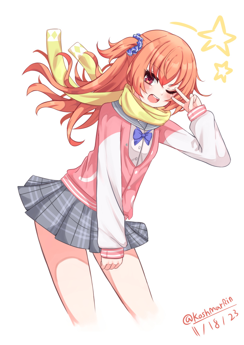 1girl, 2023, ;d, absurdres, blue_bow, blue_scrunchie, blush, bow