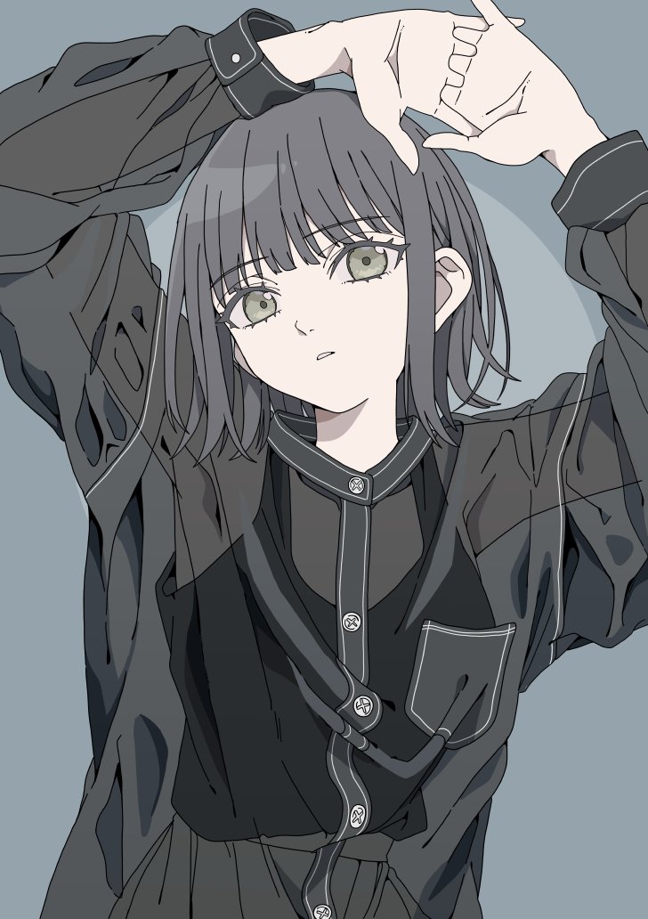 1girl, armpits, arms_up, black_hair, black_skirt, black_tank_top, grey_eyes, haku_geroda