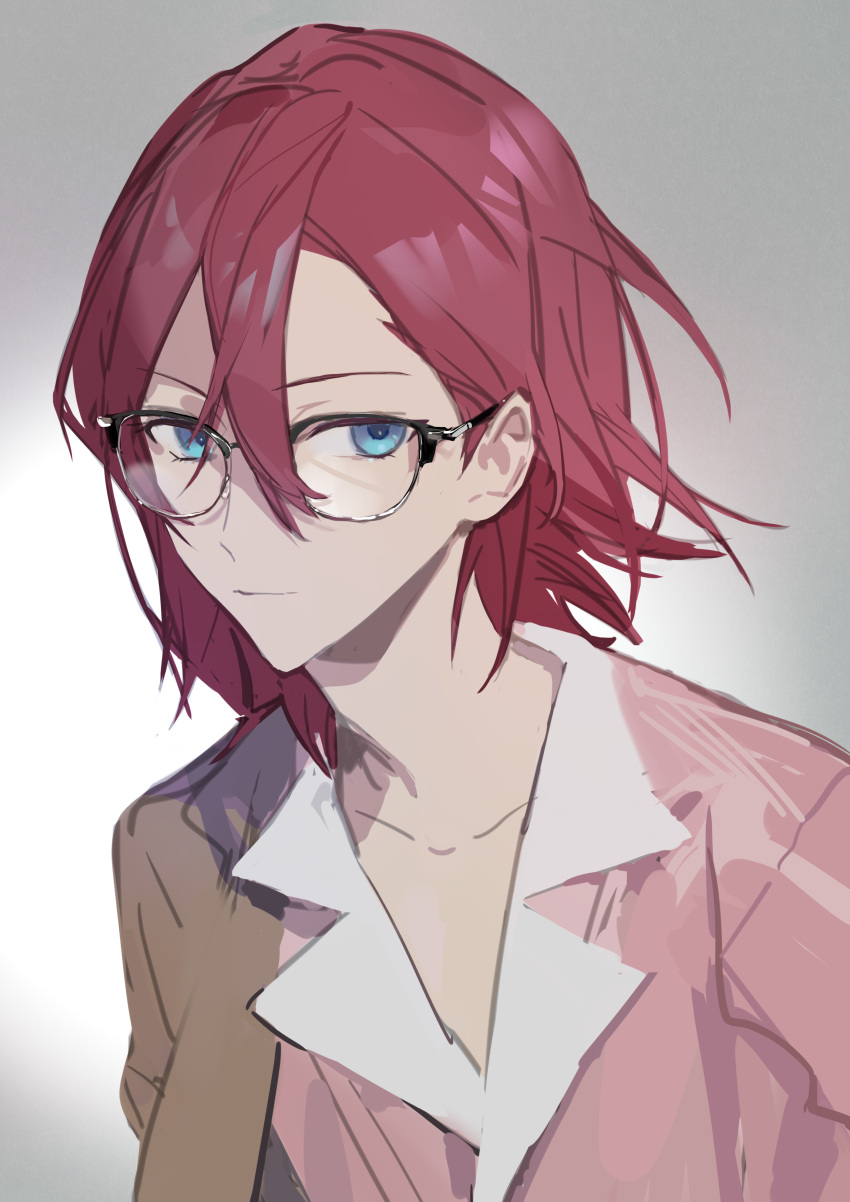 1boy, absurdres, blue_eyes, brown_coat, closed_mouth, coat, coat_partially_removed, ensemble_stars!