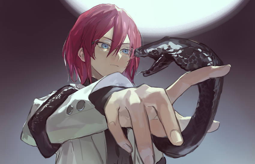 1boy, absurdres, black_shirt, blue_eyes, brown_background, closed_mouth, ensemble_stars!, expressionless
