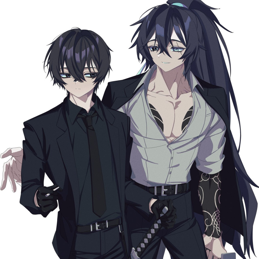2boys, alternate_body_size, angellyuna, arm_tattoo, belt, black_belt, black_eyes, black_gloves, black_hair, black_jacket, black_necktie, black_pants, black_shirt, blue_eyes, chest_tattoo, cloud_tattoo, collared_shirt, gloves, heterochromia, highres, hong_lu_(limbus_company), jacket, limbus_company, long_hair, long_sleeves, multiple_boys, necktie, pants, project_moon, shirt, simple_background, tattoo, very_long_hair, white_background, wing_collar, yi_sang_(limbus_company)
