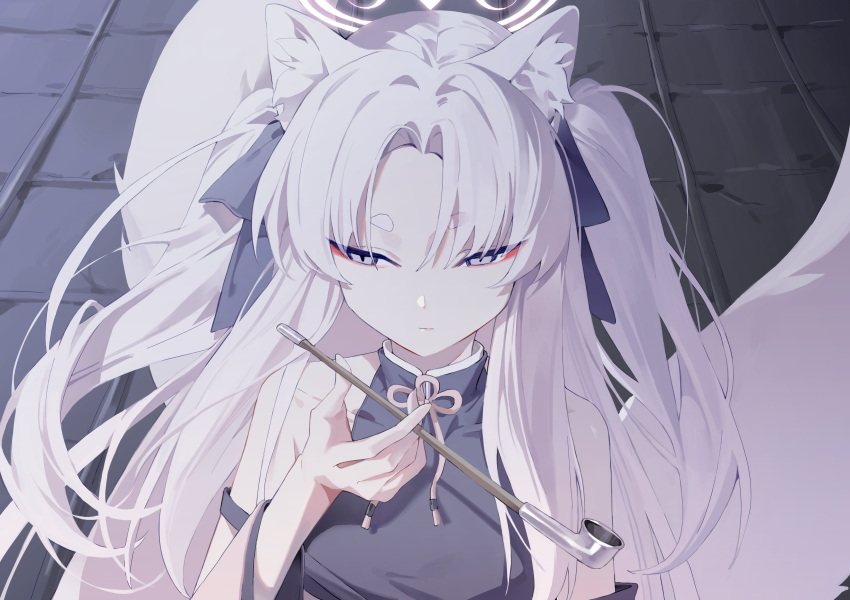 1girl, absurdres, animal_ears, bare_shoulders, blue_archive, detached_sleeves, eyeshadow, fox_ears