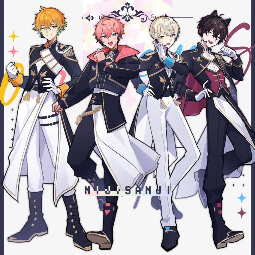 4boys, akagi_wen, animal_ear_headphones, animal_ears, axent_wear, bandaid, bandaid_on_face, black_footwear