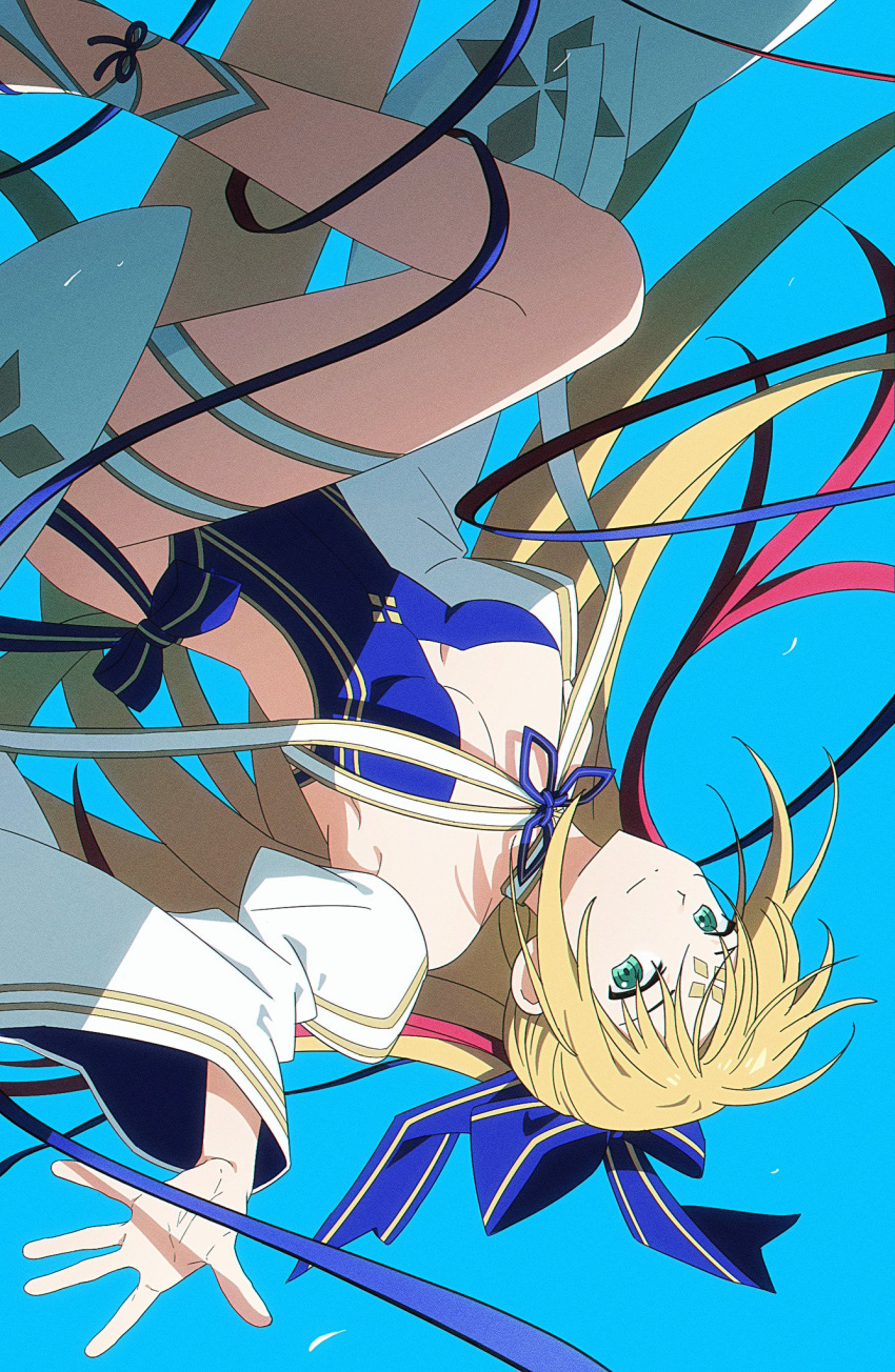 1girl, artoria_caster_(swimsuit)_(fate), artoria_caster_(swimsuit)_(third_ascension)_(fate), blonde_hair, blue_background, blue_one-piece_swimsuit, bobi, breasts