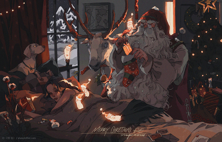 :>, :d, animal, bauble, beard, bell, black_hair, blanket