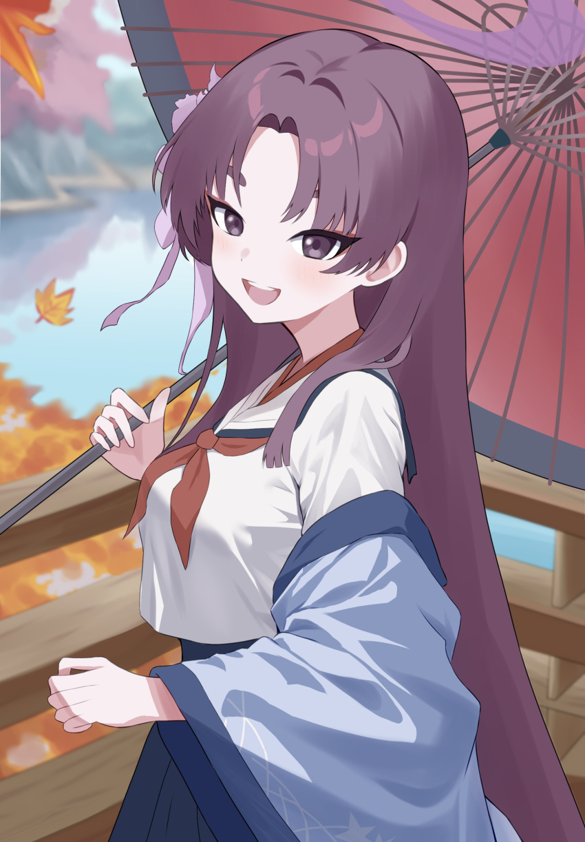 1girl, autumn, autumn_leaves, blue_archive, blue_skirt, blush, eyeshadow, halo