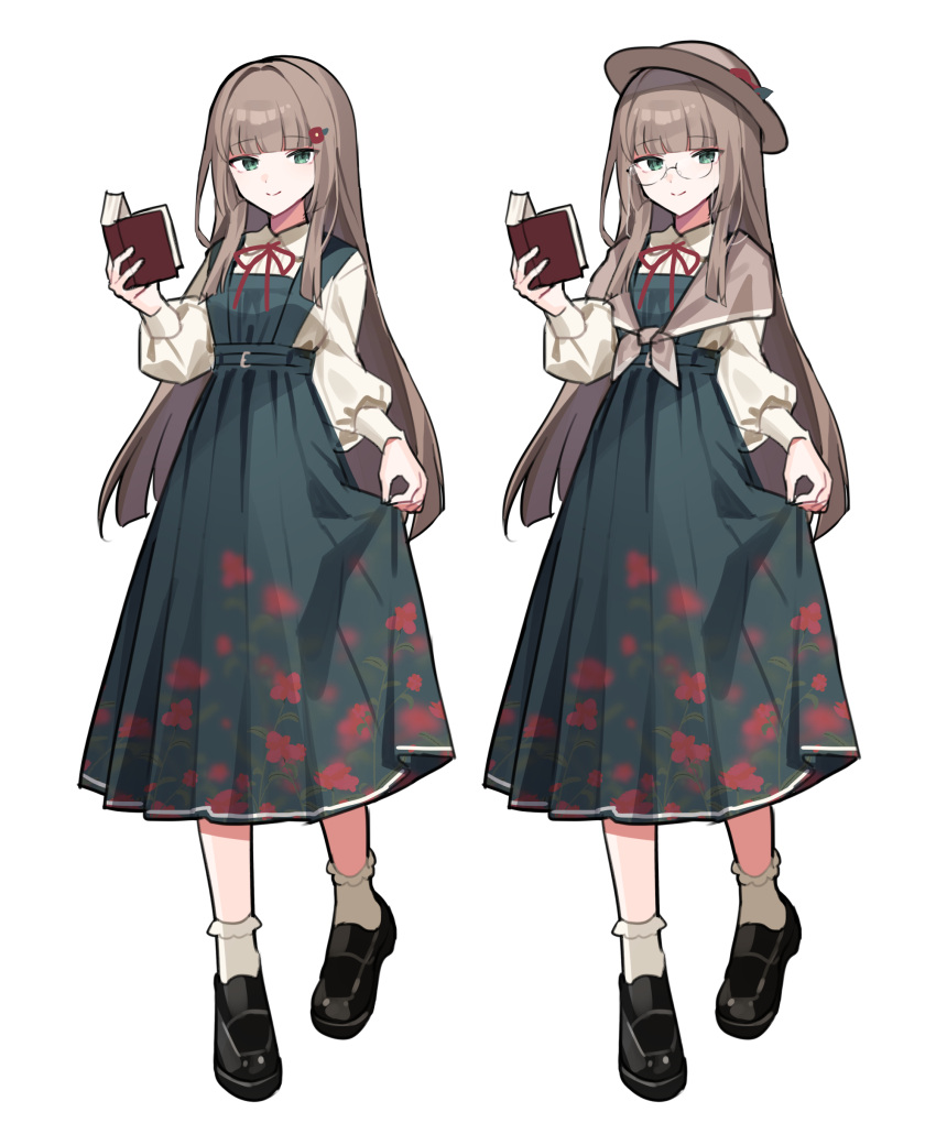 1girl, absurdres, black_footwear, blunt_bangs, book, brown_hair, brown_headwear, dress, flower, frilled_socks, frills, full_body, glasses, green_dress, green_eyes, hair_flower, hair_ornament, highres, holding, holding_book, long_hair, multiple_views, nijisanji, round_eyewear, shioriha_ruri, simple_background, smile, socks, virtual_talent_academy, waka_(wk4444), white_background, white_socks