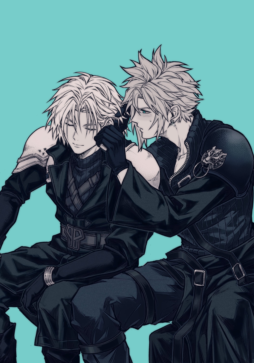 2boys, absurdres, aged_down, armor, belt, black_coat, black_gloves, black_pants, blue_background, blue_eyes, chest_strap, closed_eyes, cloud_strife, coat, commentary, concentrating, ear_piercing, earrings, final_fantasy, final_fantasy_vii, final_fantasy_vii_advent_children, final_fantasy_vii_ever_crisis, frogccc333, furrowed_brow, gloves, hand_on_another's_ear, hand_on_another's_head, high_collar, highres, implied_yaoi, invisible_chair, jewelry, leaning, leaning_forward, light_blush, light_smile, long_sleeves, male_focus, multiple_boys, open_clothes, open_coat, pants, partially_colored, pauldrons, piercing, sephiroth, short_hair, shoulder_armor, simple_background, sitting, smile, stud_earrings, sweatdrop, turtleneck, white_hair