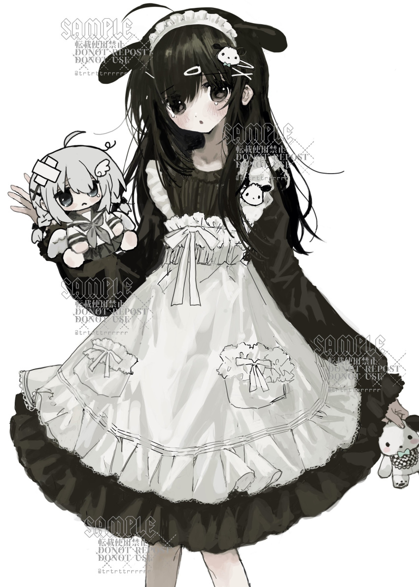 1girl, absurdres, apron, bandaged_head, bandages, black_dress, black_hair, black_skirt