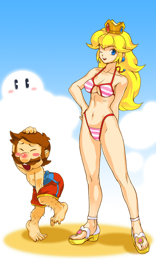 blonde_hair, blue_eyes, blush_stickers, breasts, cleavage, crown, earrings, facial_hair, highleg, highleg_bikini, highleg_swimsuit, jewelry, legs, long_hair, mario, mustache, nintendo, platform_footwear, powudon, princess_peach, sandals, smile, striped, striped_bikini, striped_swimsuit, super_mario_bros., swimsuit, wink
