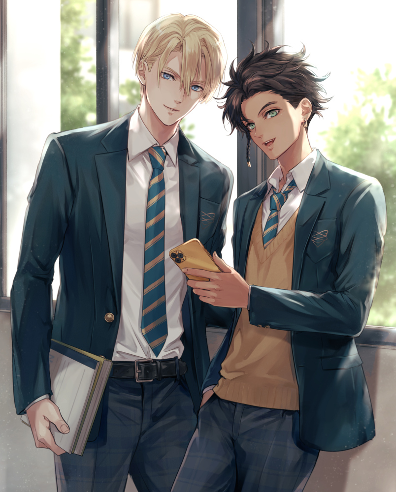 2boys, belt, blonde_hair, blue_eyes, brown_hair, cellphone, claude_von_riegan, collared_shirt