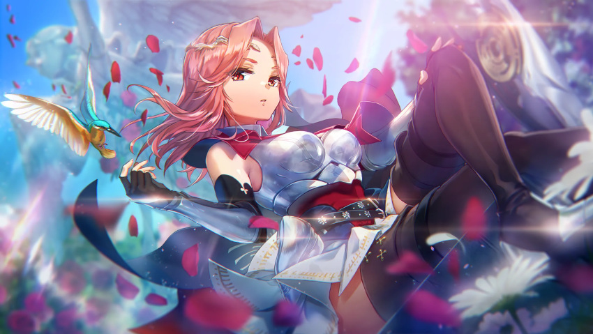 1girl, armor, armored_boots, bird, blue_sky, boots, breastplate, breasts