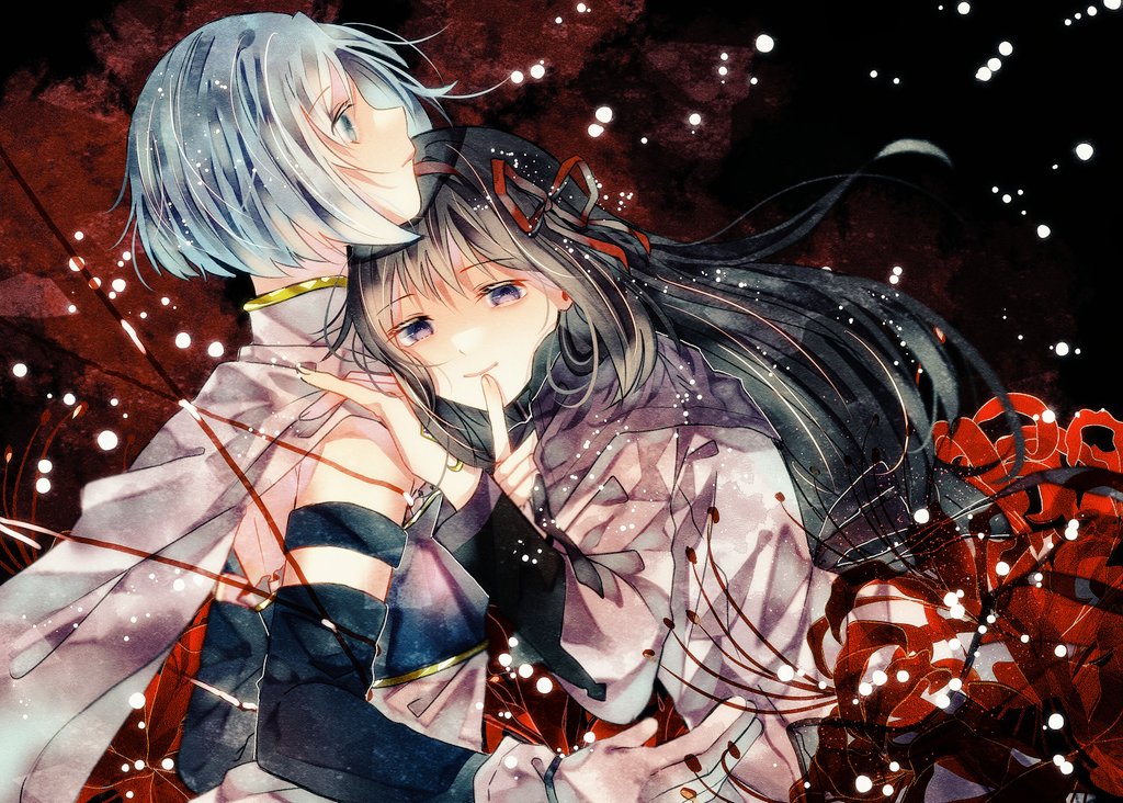 2girls, akemi_homura, black_hair, blue_hair, cape, detached_sleeves, finger_to_mouth, flower, gloves, hammett_pizza, hand_on_another's_shoulder, long_hair, looking_at_viewer, looking_to_the_side, magia_record:_mahou_shoujo_madoka_magica_gaiden, magical_girl, mahou_shoujo_madoka_magica, miki_sayaka, multiple_girls, short_hair, spider_lily, violet_eyes, white_cape, white_gloves