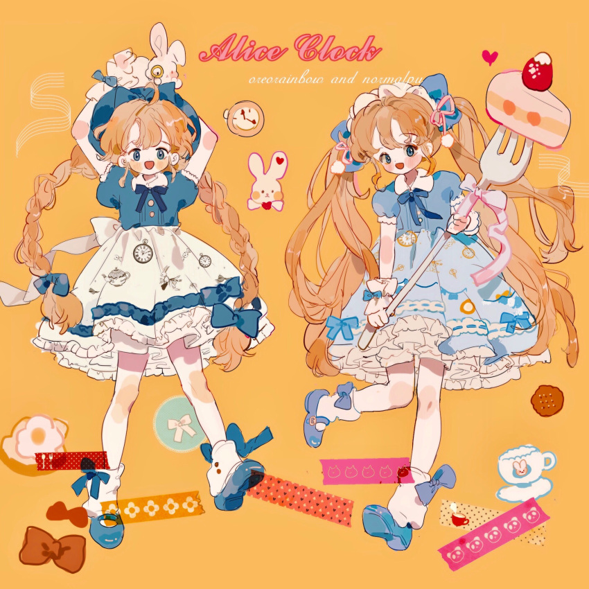2girls, ahoge, alice_in_wonderland, animal_on_head, ankle_socks, arms_up, back_bow, belt_buckle