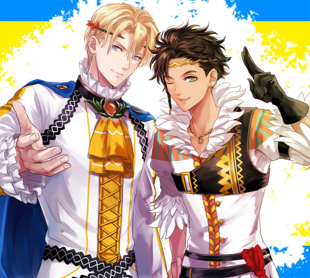 2boys, alfred_(fire_emblem), alfred_(fire_emblem)_(cosplay), ascot, black_gloves, blonde_hair, blue_cape, blue_eyes