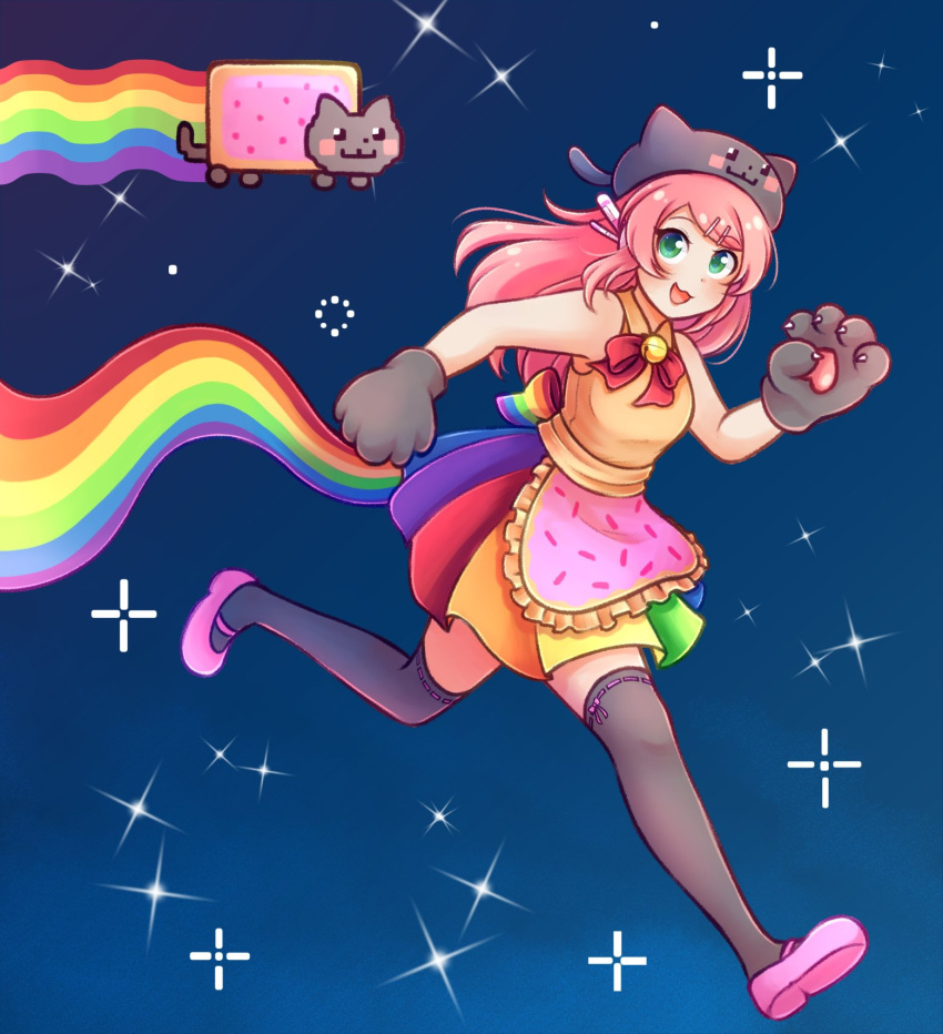1girl, :3, adapted_costume, animal_ear_headwear, animal_hands, apron, back_bow, bell