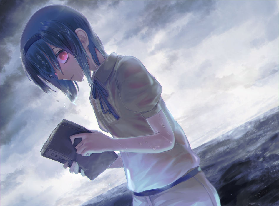 1girl, akiba_(nagusami), alternate_eye_color, aoi_kaitai_shinsho_(cevio), belt, blue_belt, blue_hairband, blue_ribbon