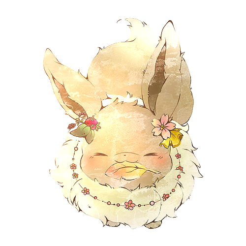 :3, ^_^, animal_focus, blending, bloom, closed_eyes, commentary_request, eevee, flower, fluffy, from_above, hair_flower, hair_ornament, holding, holding_leaf, jewelry, leaf, leaf_in_mouth, light_blush, lowres, necklace, nightfizz, no_humans, pink_flower, pokemon, pokemon_(creature), red_flower, ribbon, simple_background, solo, straight-on